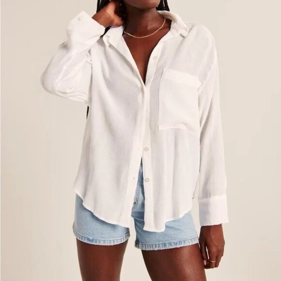 Abercrombie White Oversized Crinkle Rayon Textured Shirt // Small - Picture 1 of 4